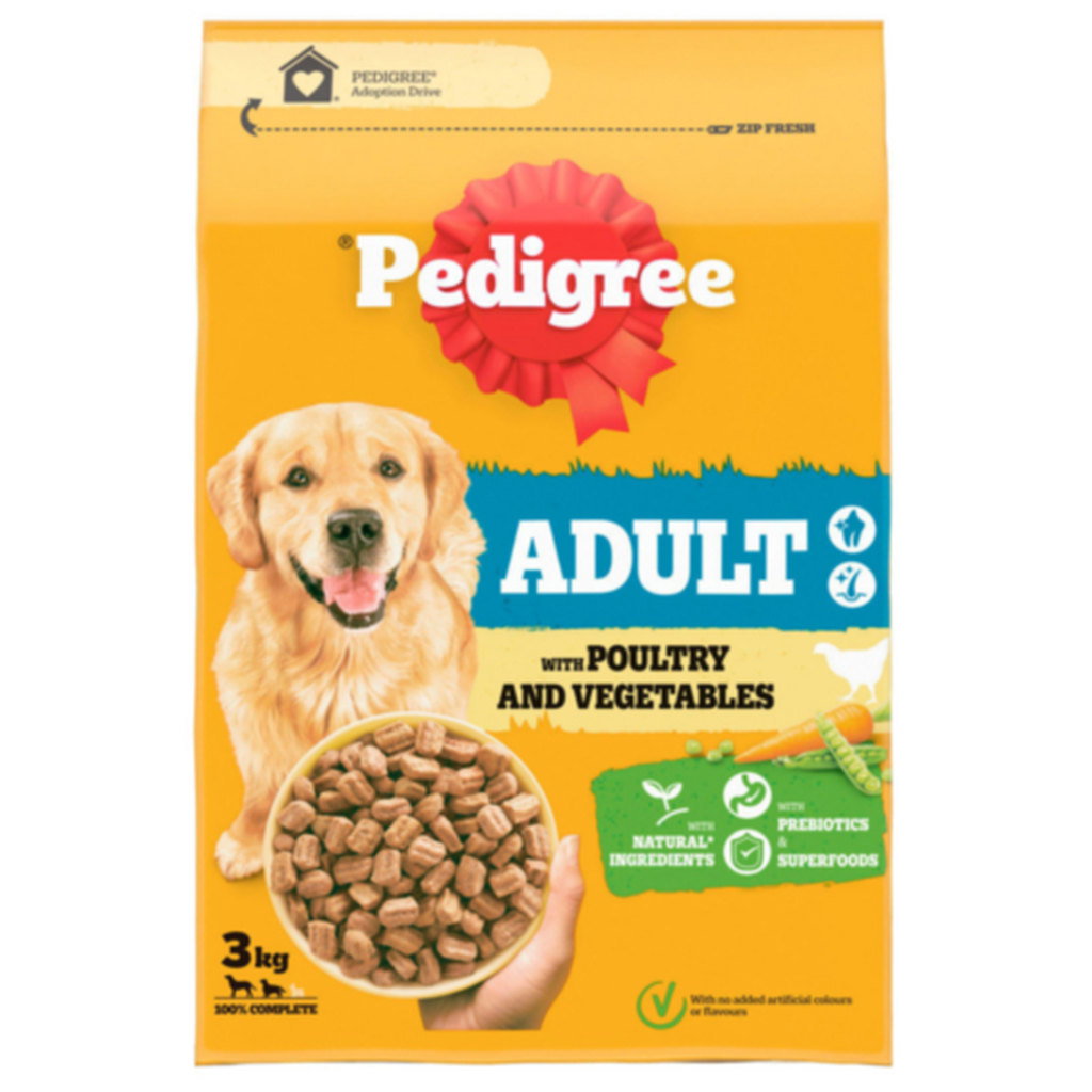 Pedigree Adult Poultry & Vegetables Dry Dog Food Bag, 3kg
