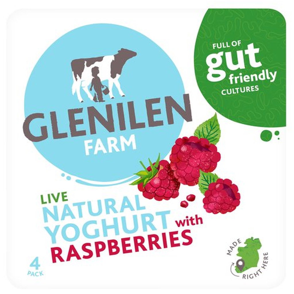 Glenilen Farm Live Natural Yoghurt With Raspberries, 4 x 125g