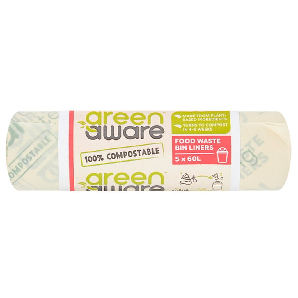 Green Aware Compostable Bin Bags 60L, 5pk