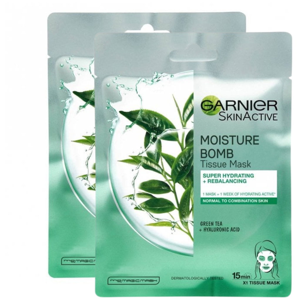 Garnier Moisture Bomb Green Tea Tissue Mask - Face Mask For Normal-Combination Skin, 2 x 32g