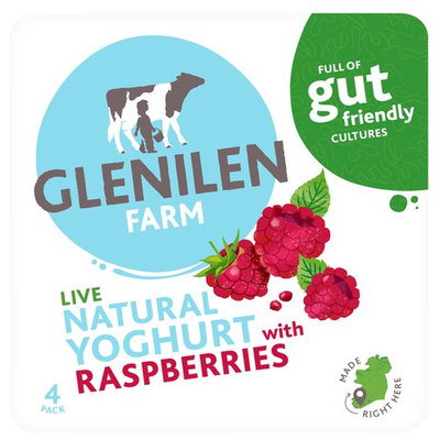 Glenilen Farm Live Natural Yoghurt With Raspberries, 4 x 125g