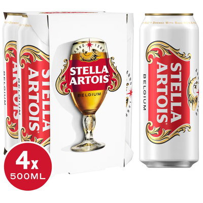 Stella Artois Lager Beer Cans, 4 x 500ml